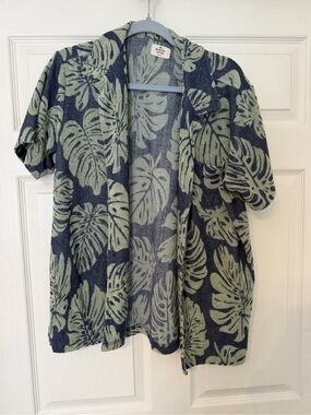 Marine Layer Navy & Sage Tropical Leaf Terry Cloth Button Down